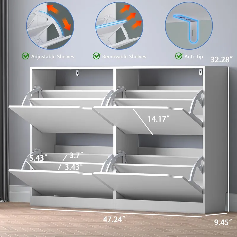 BORNOON Shoe Cabinet with 4 Flip Drawers, White